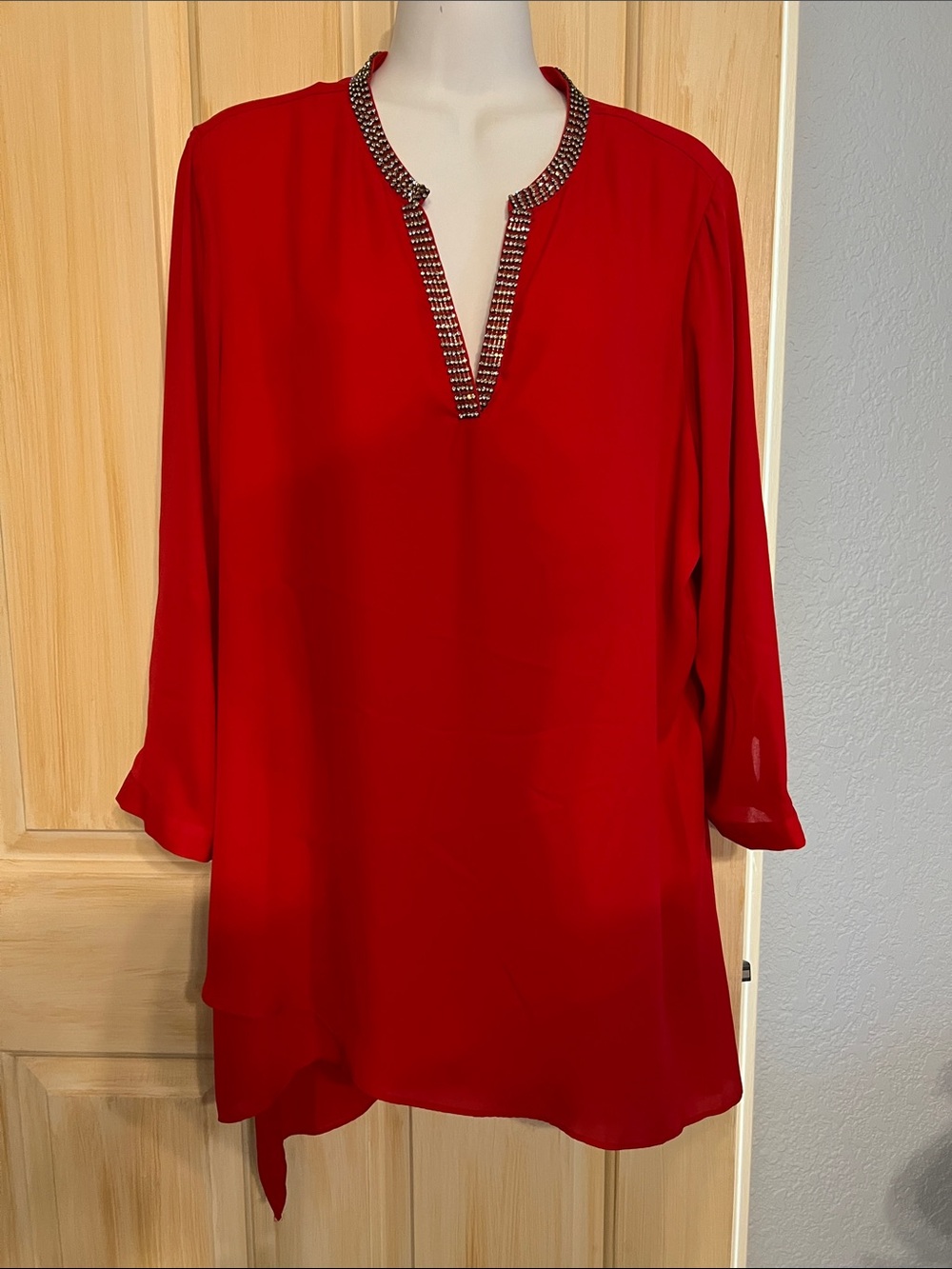 Women's Red Beaded V-Neck Tunic
